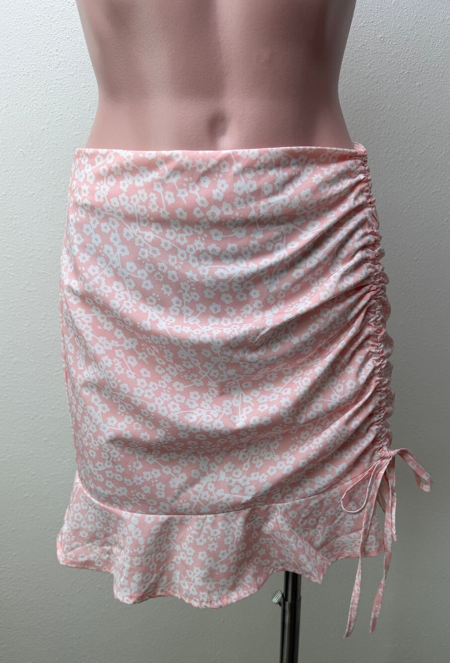 Pink Floral Ruched Ruffle Mini Skirt Womens S